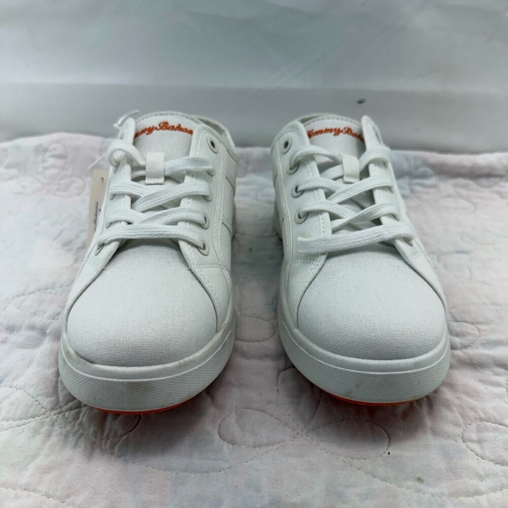 Tommy Bahama women’s US7.5 White Lace-Up Sneakers with orange writing New
